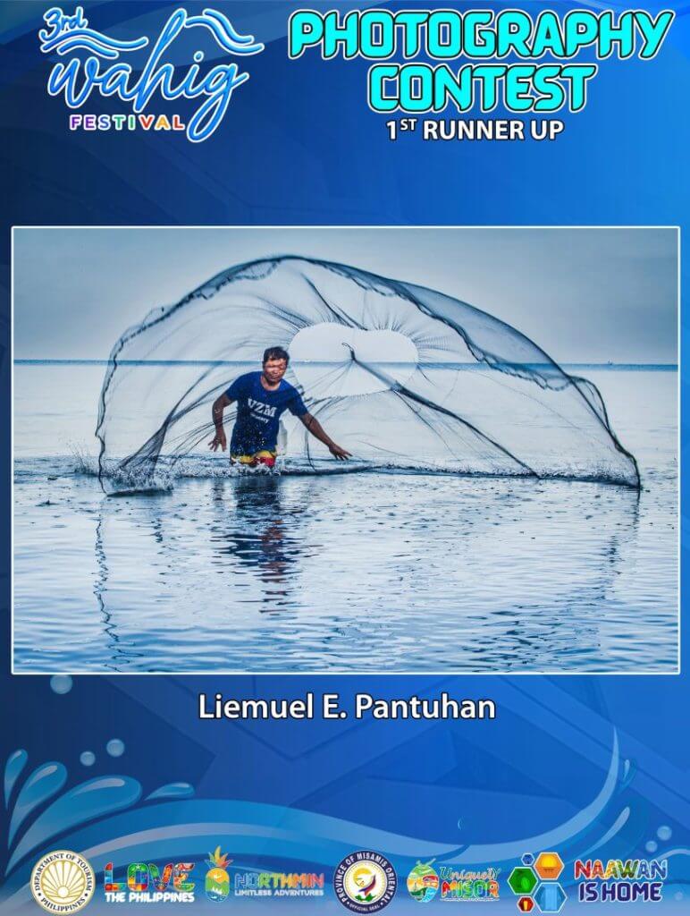 a man casts a fishing net over calm blue water, smiling under a clear sky; contest info frames the image.