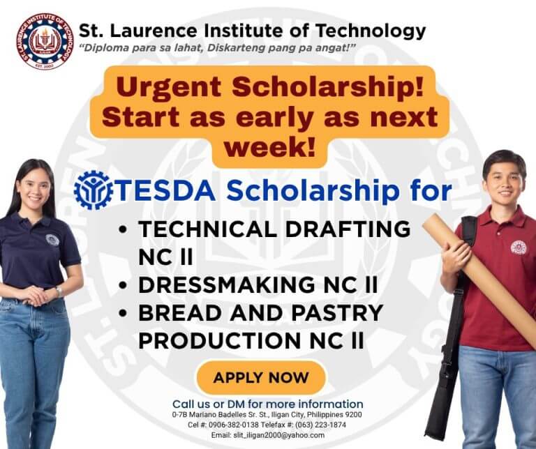 two students smile beside a st. laurence institute of technology ad offering immediate tesda scholarship enrollment.