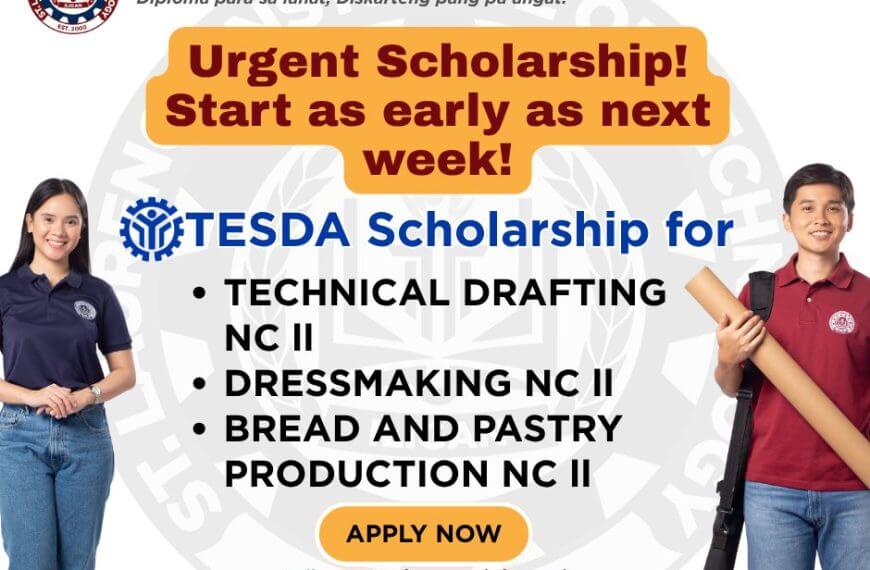 two students smile beside a st. laurence institute of technology ad offering immediate tesda scholarship enrollment.