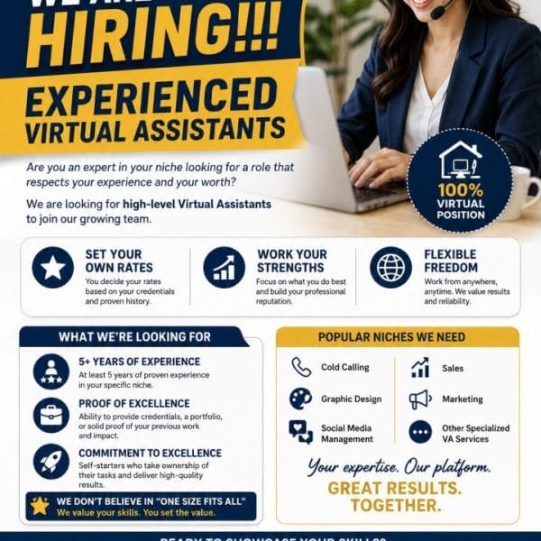 a woman in business attire wears a headset, smiling at a laptop: we are hiring! work from home virtual assistants.