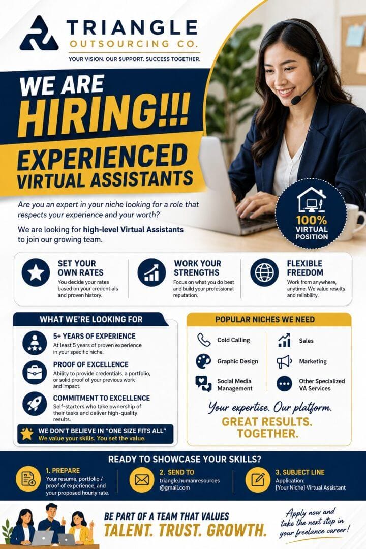 a woman in business attire wears a headset, smiling at a laptop: we are hiring! work from home virtual assistants.