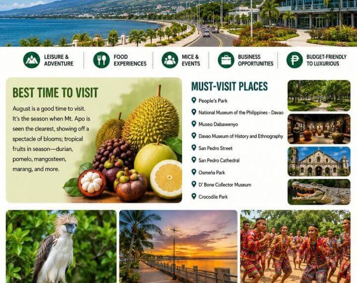 infographic about davao city: photos, food highlights, best time to visit, must visit spots, main attractions.