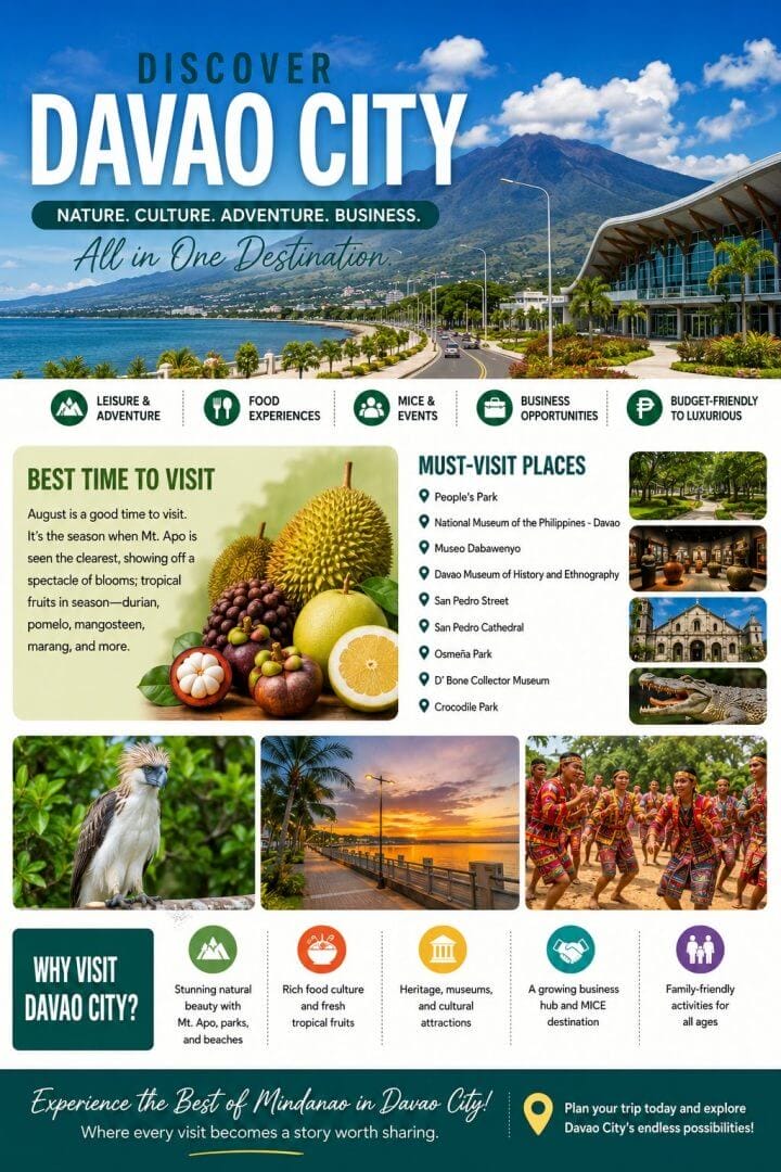 infographic about davao city: photos, food highlights, best time to visit, must visit spots, main attractions.
