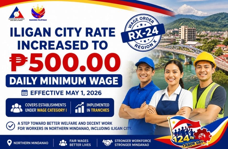 three iligan workers smile by the bridge; text announces a wage hike to ₱500 minimum pay from may 1, 2026.