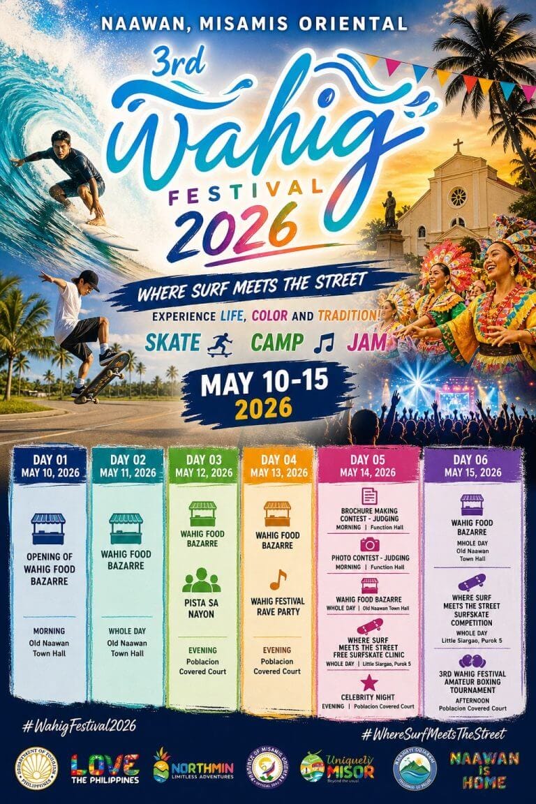 colorful poster for wahig festival 2026 in naawan, misamis oriental with event schedule and dancer photos.