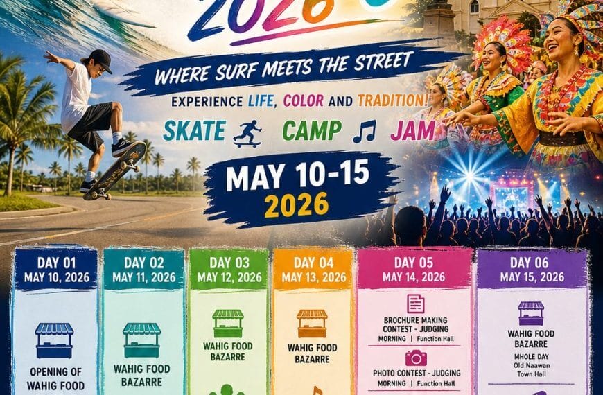 colorful poster for wahig festival 2026 in naawan, misamis oriental with event schedule and dancer photos.