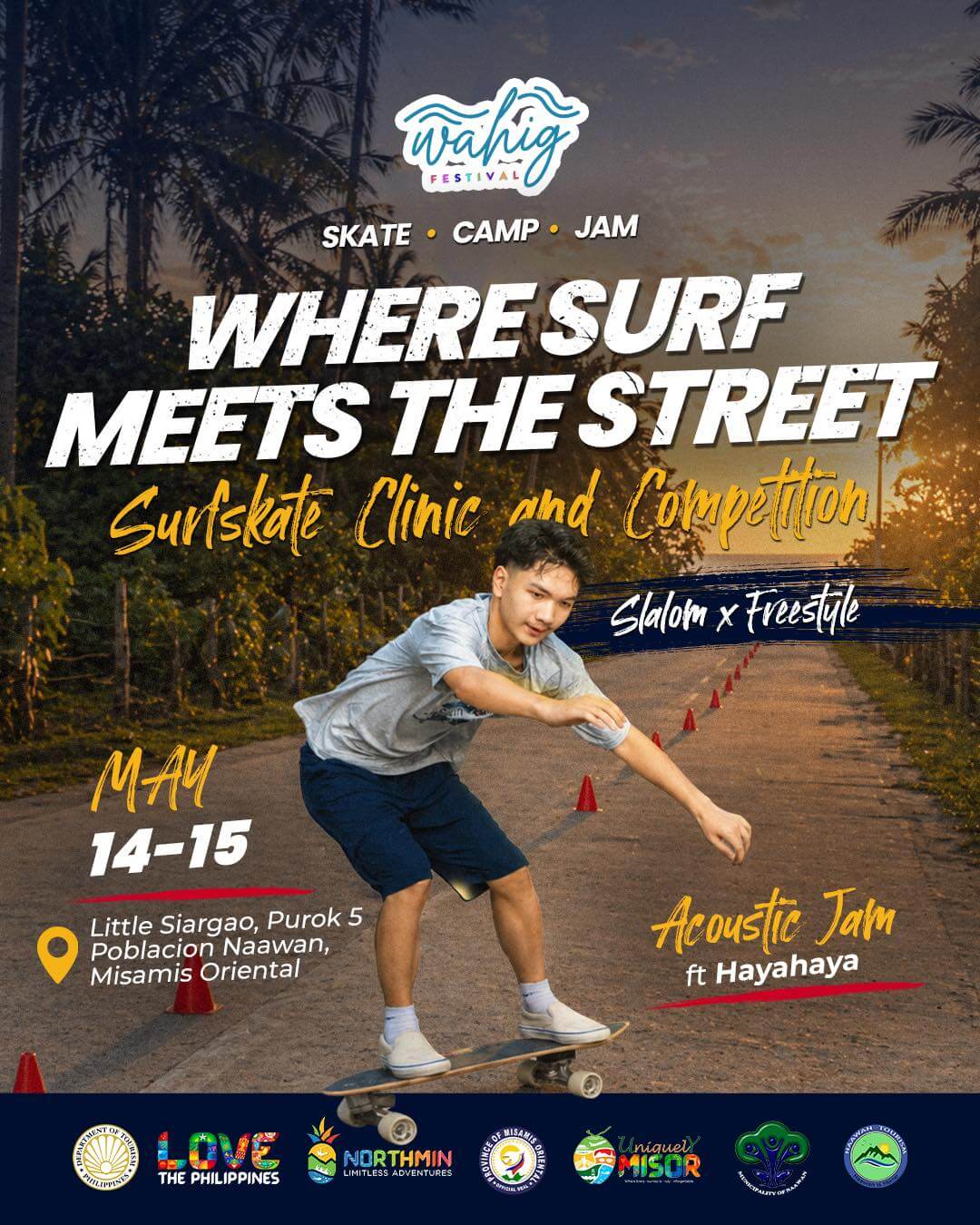 a young man skates at sunset during the surfskate clinic, with wahig festival logos in naawan misamis oriental.
